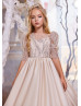 Elbow Sleeves Beaded Champagne Lace Satin Flower Girl Dress